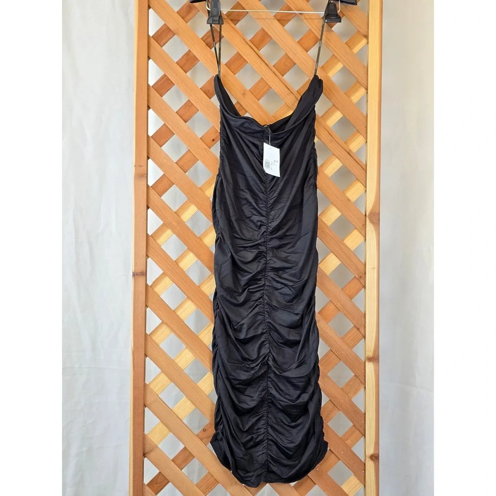 Forever 21 Ruched Bodycon Midi Dress Womens Large Black Sleeveless - New